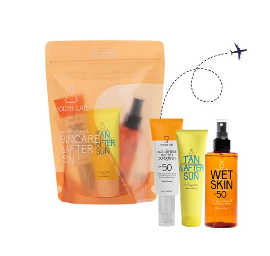 Youth Lab. Sun & After Sun Travel Set με Age-Defense Watery Αντηλιακό SPF50, 40ml, Wet Skin Αντηλιακό Ξηρό Λάδι SPF50, 100ml & Tan & After Sun Προσώπου & Σώματος, 75ml, 1σετ