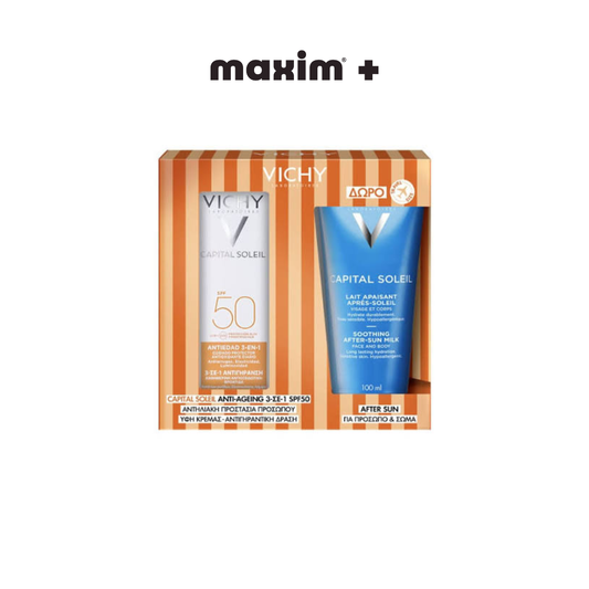 Vichy Promo Capital Soleil Anti-Ageing 3in1 Αντηλιακό Προσώπου με Αντιγηραντική Δράση SPF50, 50ml & Δώρο After Sun Καταπραϋντικό Γαλάκτωμα για Πρόσωπο & Σώμα, 100ml, 1σετ