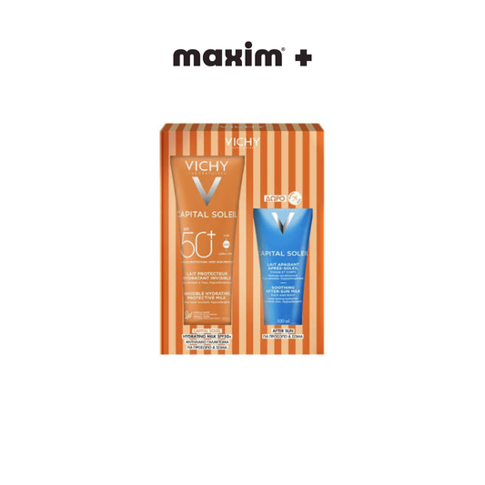 Vichy Promo Capital Soleil Ενυδατικό Αντηλιακό Γαλάκτωμα Σώματος SPF50+, 300ml & Δώρο After Sun Καταπραϋντικό Γαλάκτωμα για Πρόσωπο & Σώμα, 100ml, 1σετ