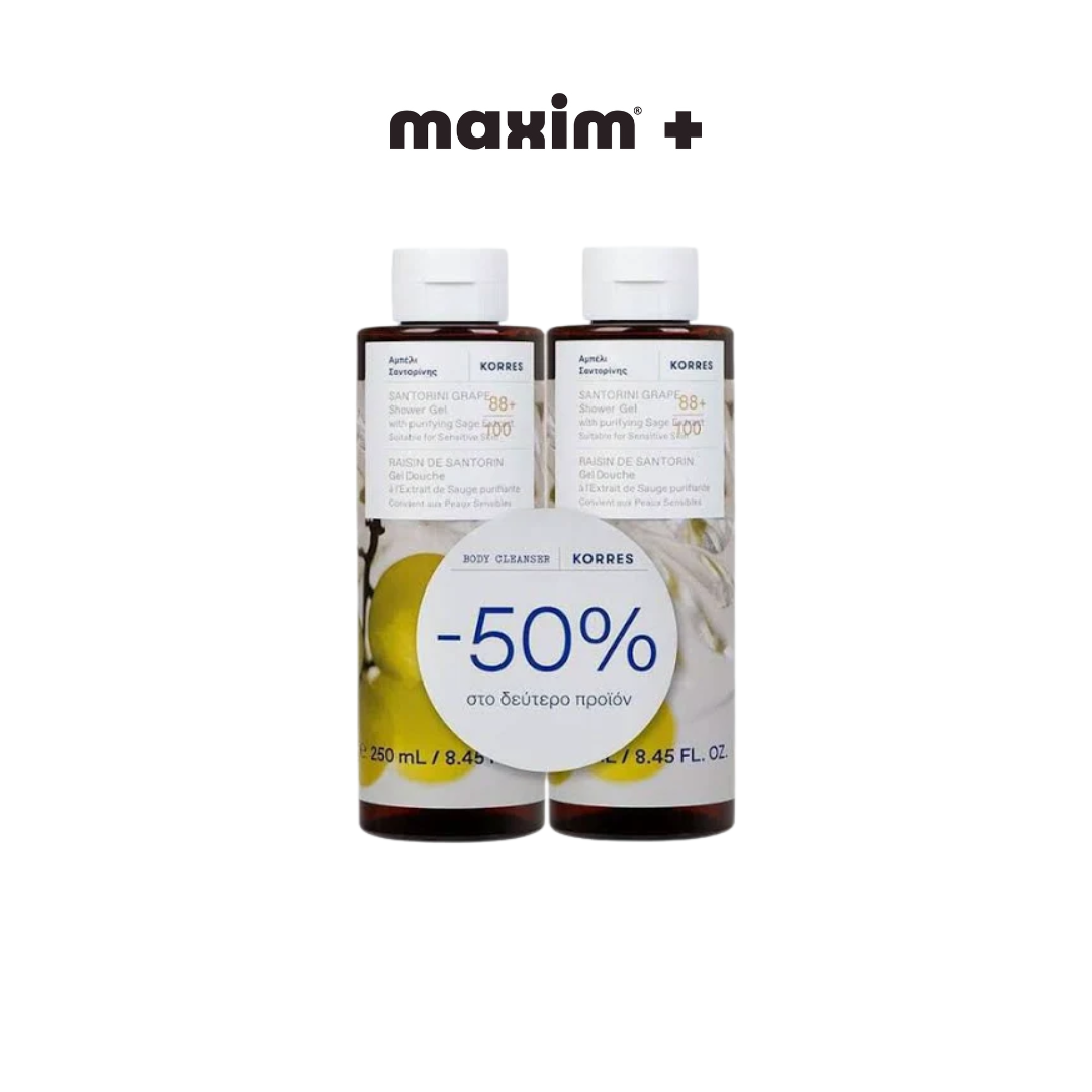 Korres Promo (-50% στο 2ο Προϊόν) Αφρόλουτρο Santorini Grape, 2x250ml, 1σετ Korres