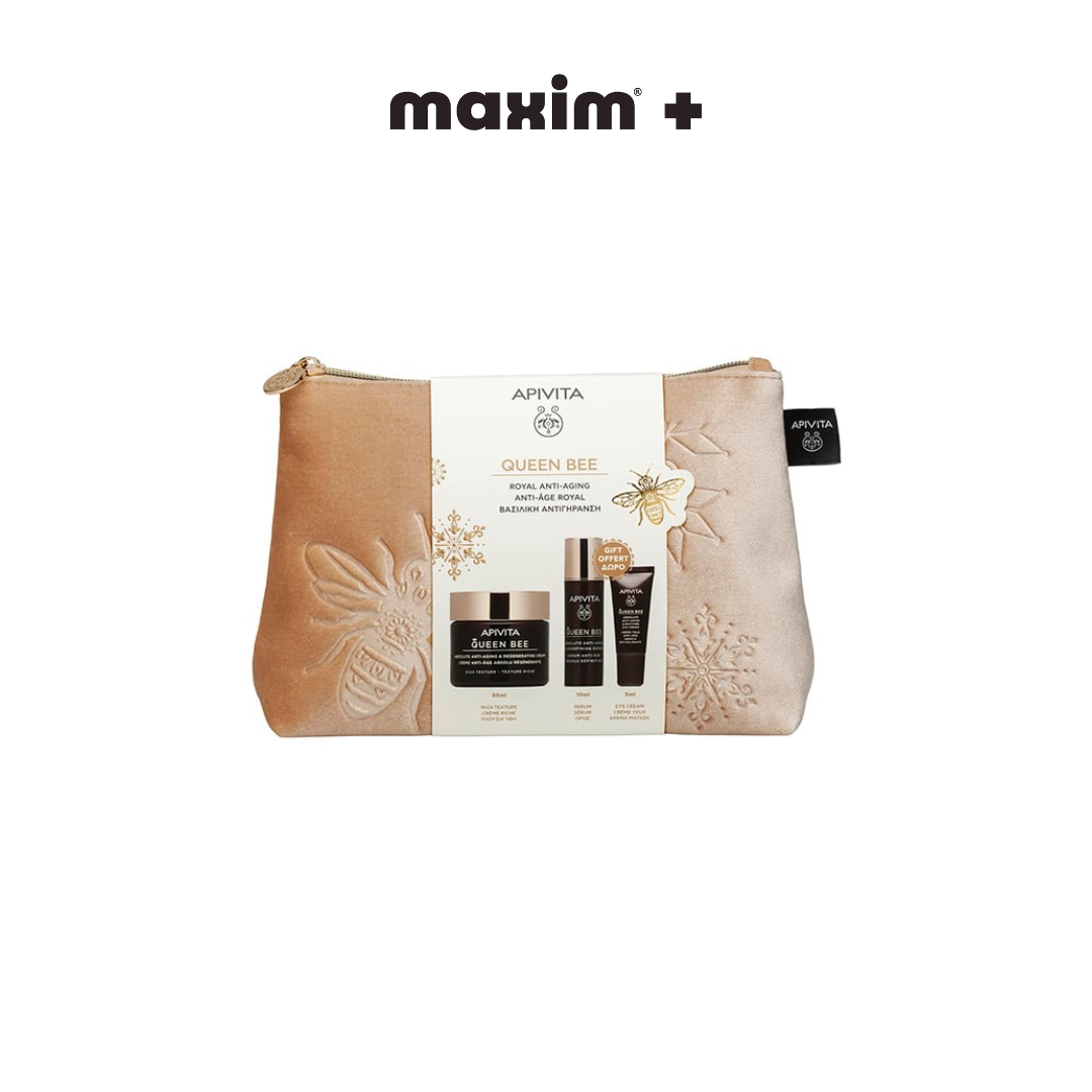 Apivita Promo Queen Bee με Αντιγηραντική Κρέμα Πλούσιας Υφής, 50ml & Δώρο Αντιγηραντικός Ορός Προσώπου, 10ml, Κρέμα Ματιών, 5ml & Νεσεσέρ, 1τεμ, 1σετ