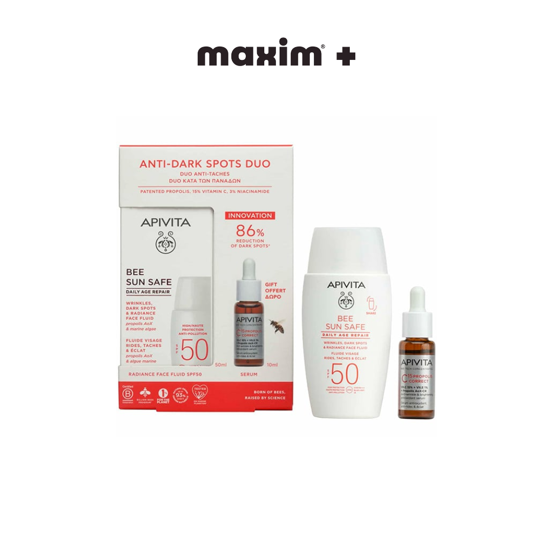 Apivita Promo Anti-Dark Spots Duo Bee Sun Safe Daily Age Repair Dry Touch Λεπτόρευστη Κρέμα Προσώπου κατά των Πανάδων & Ρυτίδων SPF50, 50ml & Δώρο C15 Propolis Correct Serum Αντιρυτιδικός & Αντιοξειδωτικός Ορός Λάμψης, 10ml, 1σετ