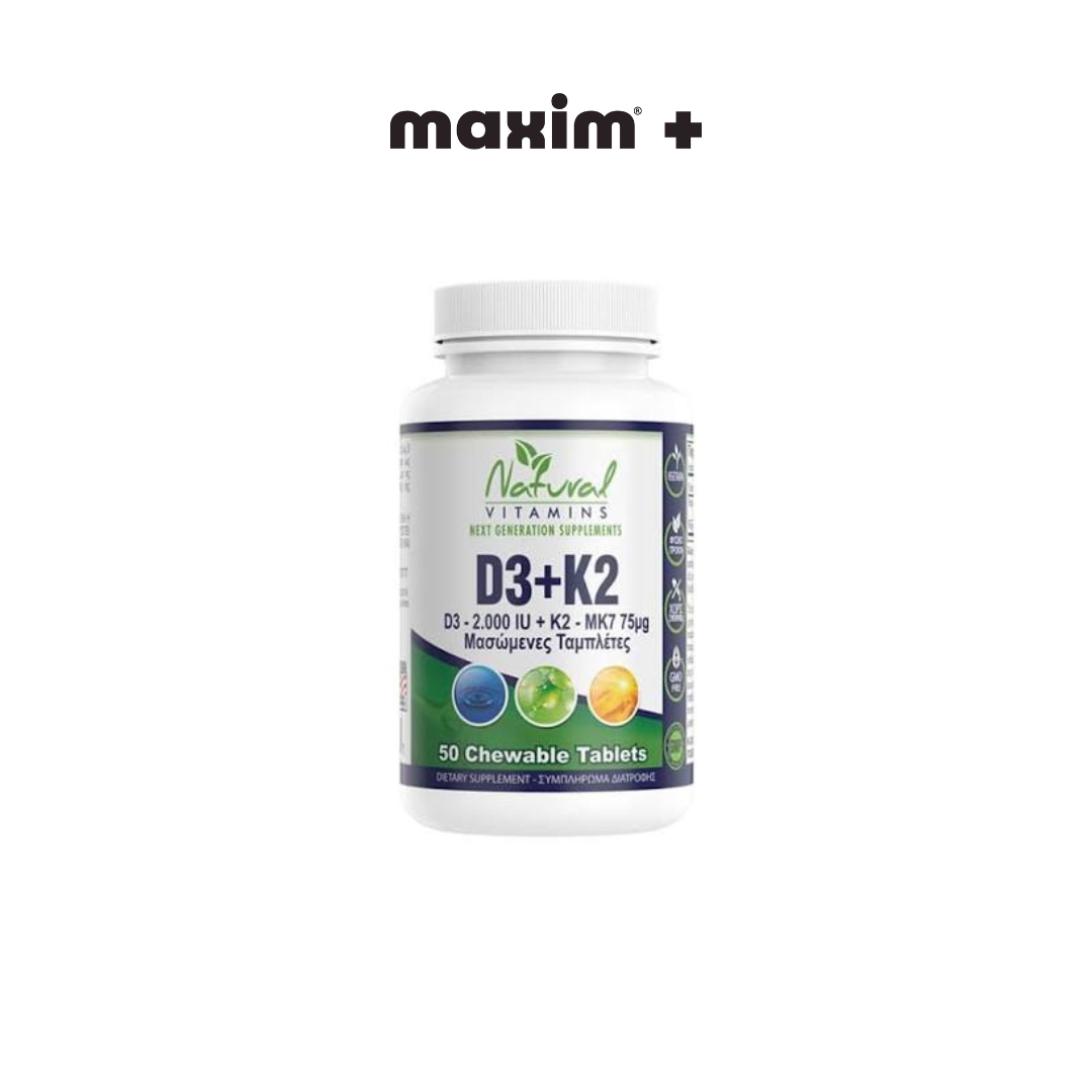 Natural Vitamins D3 (2000 IU) & K2 (Mk7-75μg), 50chew.tabs
